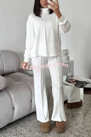 Solid Color Casual Knitted High Neck Long Sleeve Top and Elastic Waist Loose Pants Set