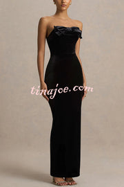 Illusion Velvet Bandeau neck Bow detail Stretch Maxi Dress