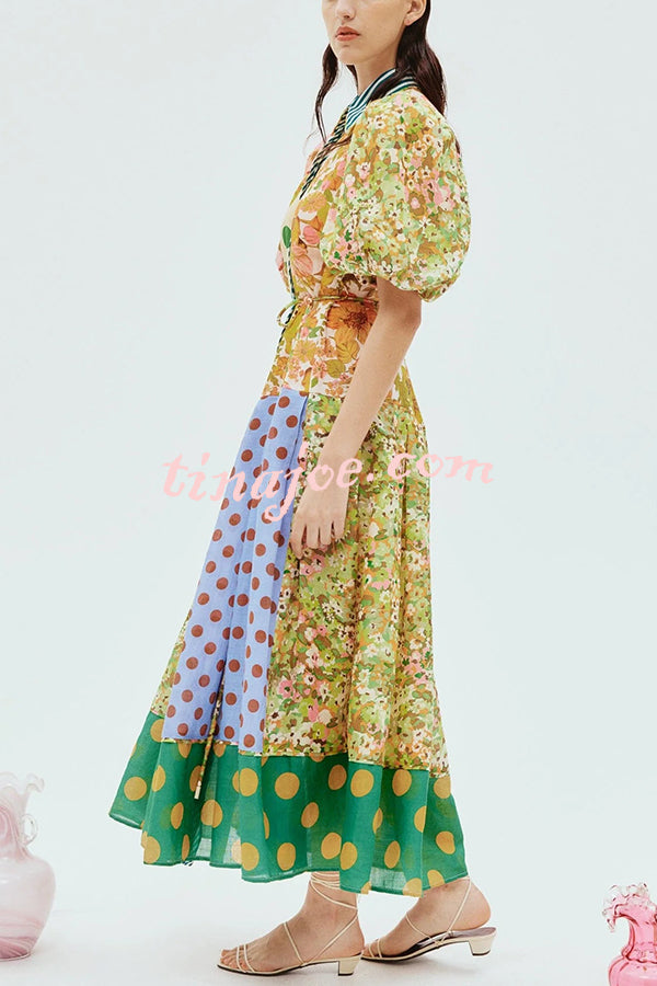 Linen Blend Unique Print Lapel Puff Sleeve Casual Midi Dress