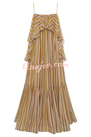 Eternal Joyful Chiffon Striped Print Ruffle Slip A-line Maxi Dress