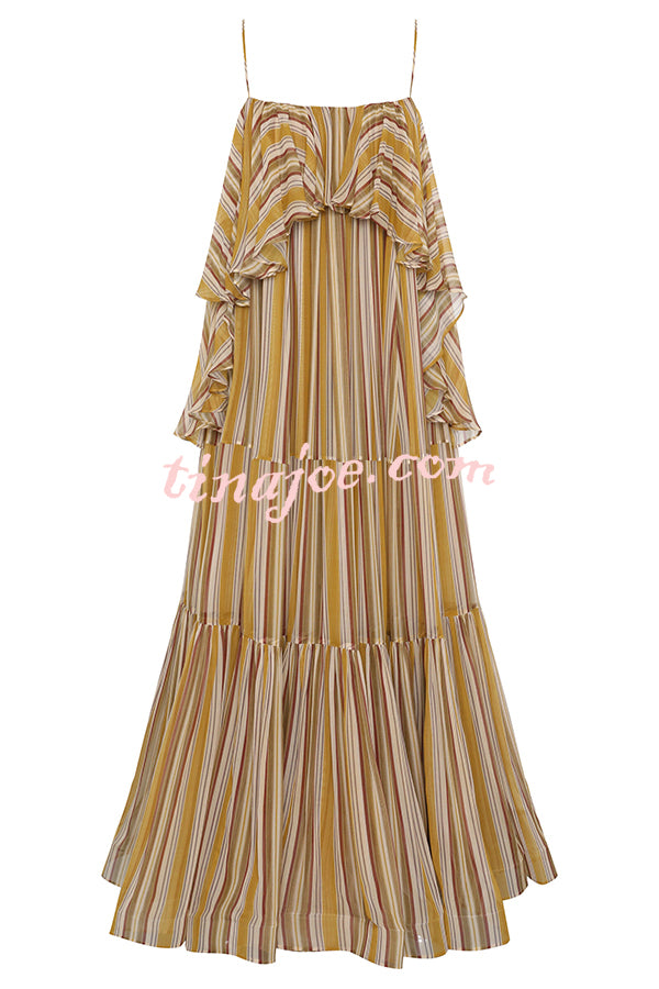 Eternal Joyful Chiffon Striped Print Ruffle Slip A-line Maxi Dress