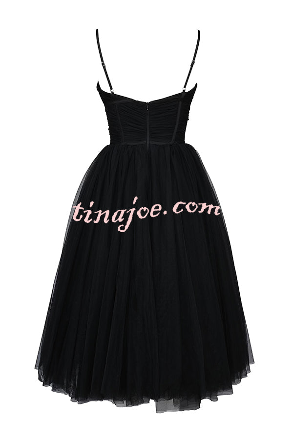 Royal Treatment Tulle Bows Detail Ruched Slip Midi Dress