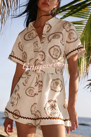Resort Style Print Lapel Short Sleeves Casual Pocket Waist Tie Loose Rompers