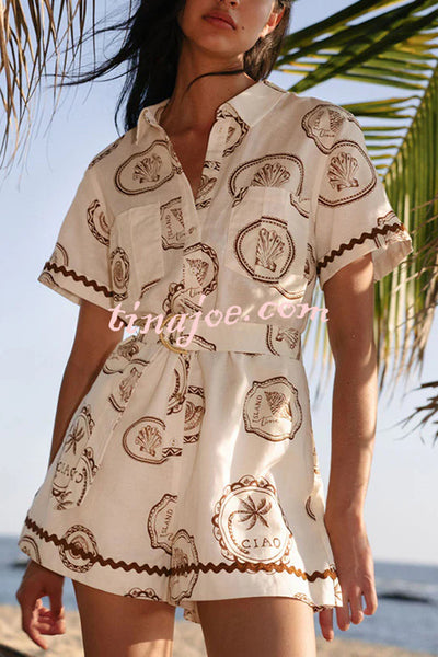 Resort Style Print Lapel Short Sleeves Casual Pocket Waist Tie Loose Rompers