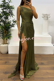 Fashion One-shoulder Pleated Ribbon Slim Slit Maxi Dress