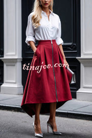 Effortless Charm Front Zipper Detail Pocketed High Low Pleated Midi Skirt