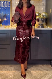 Feeling Festive Texture Sequin Elastic Waist Slit Maxi Skirt