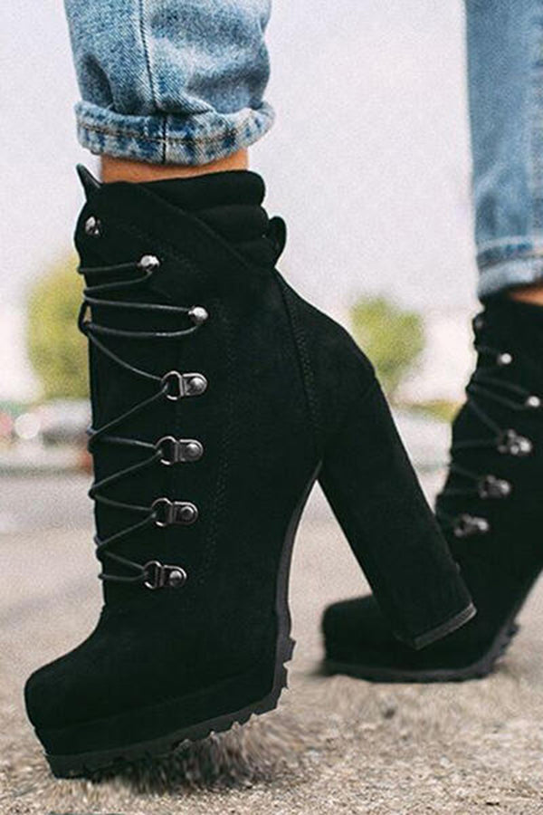 Suede High Heel Lace Up Studded Martin Boots