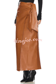 Snappy Casual Slay Faux Leather High Rise Wrap Tie-up Stretch Maxi Skirt