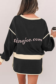Fashion Round Neck Long Sleeve Spliced Casual Top and Elastic Waist Loose Shorts Set