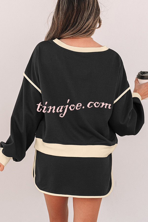 Fashion Round Neck Long Sleeve Spliced Casual Top and Elastic Waist Loose Shorts Set