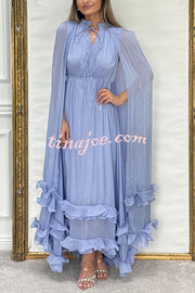 Fashionable V-neck Lace-up Ruffled Double-layer Hem Maxi Dress