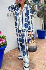 Unique Print Lapel Long Sleeve Shirt and Elastic Waist Wide Leg Pants Set