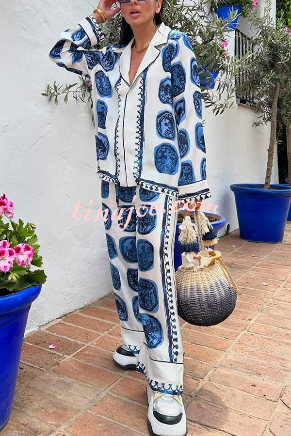 Unique Print Lapel Long Sleeve Shirt and Elastic Waist Wide Leg Pants Set