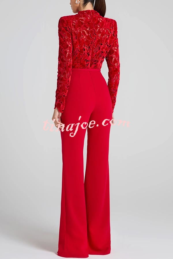 Eleanor Embroidered Floral Lace Long Sleeve Patchwork Belt Flare Jumpsuit