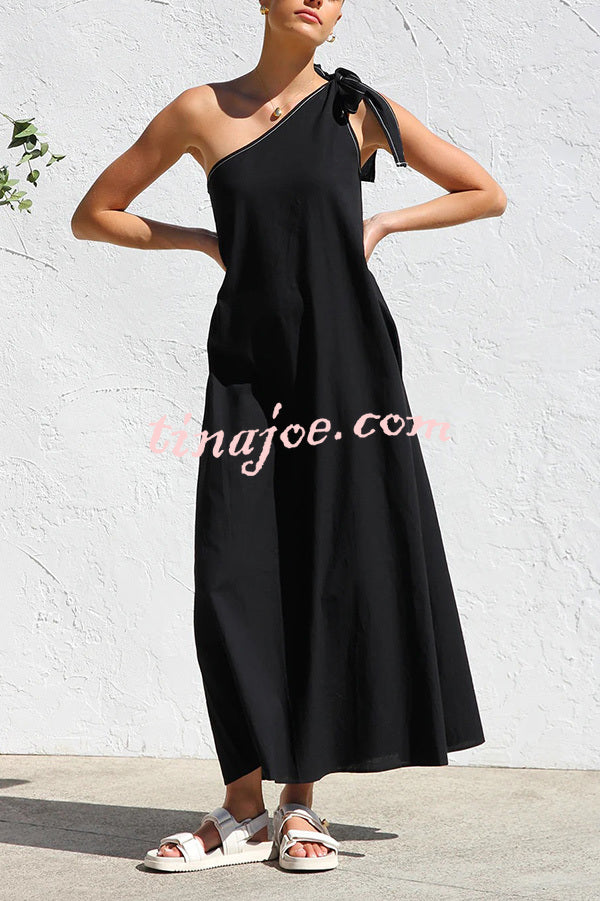 Solid Color One-shoulder Strappy Elegant Sloping Collar Loose Maxi Dress