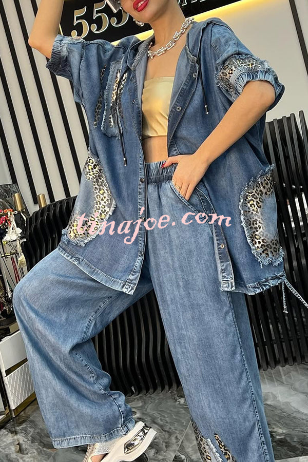 Fashion Loose Hooded Leopard Print Pocket Top and Casual Wide-leg Pants Set
