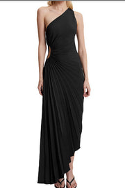 Glam Vibes Satin One Shoulder Side Cutout Pleated Maxi Dress