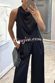 Classic on You Satin High Cowl Neck Top and Elastic Waist Pocket Loose Pants Set