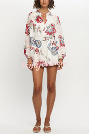 Floral Print Elegant Long Sleeve Waist Tie Casual Rompers