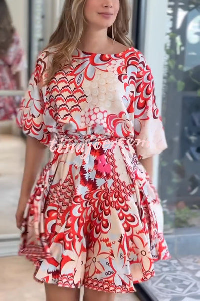 Unique Printed Round Neck Short Sleeve Waist Tie Vacation Mini Dress