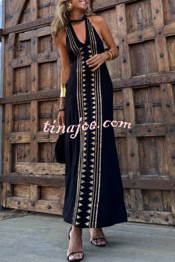 Meret Gold Geometric Print Halter Backless Stretch Maxi Dress