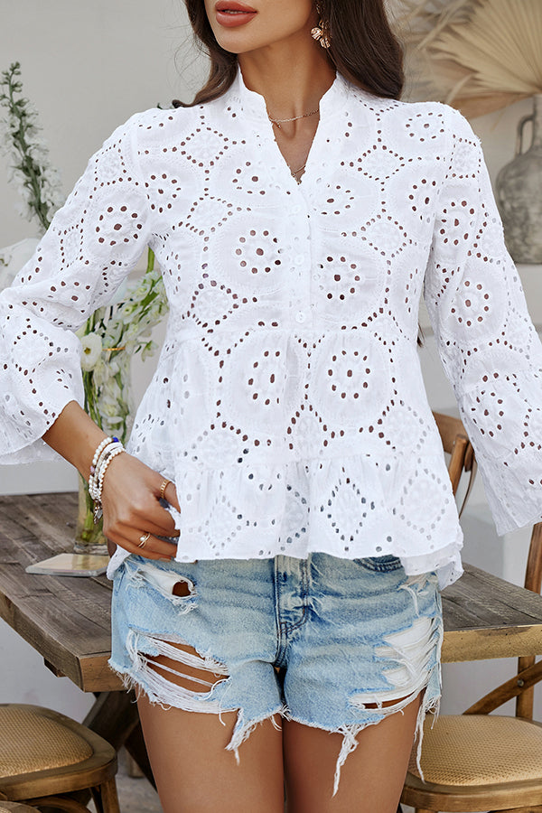 Solid Color Casual Resort Style Hollow V-neck Shirt