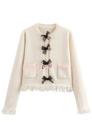 Fashion Round Neck Long Sleeve Bow-decorated Pocket Knitted Jacket