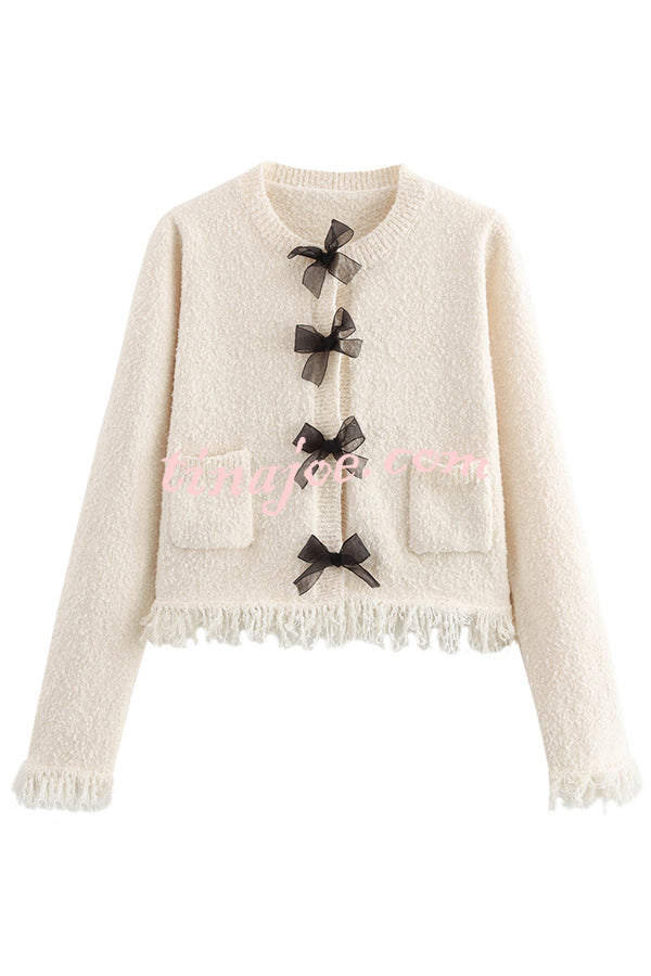 Fashion Round Neck Long Sleeve Bow-decorated Pocket Knitted Jacket