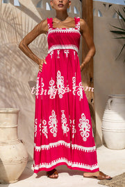 National Boho Style Unique Print Smocked Bust Wide Strap Pocket Maxi Dress