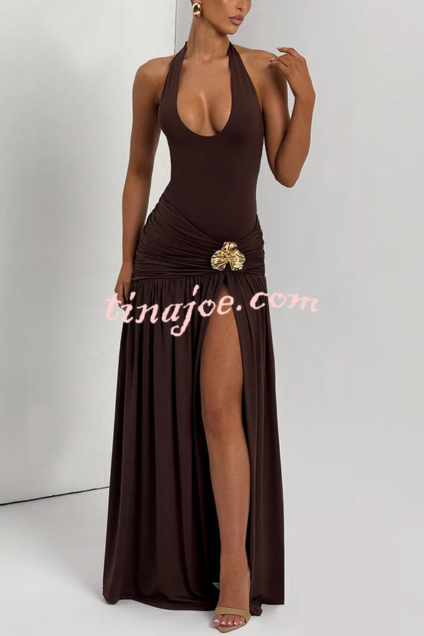 Solid Color Halter Neck Backless Slim Fit Pleated Slit Maxi Dress