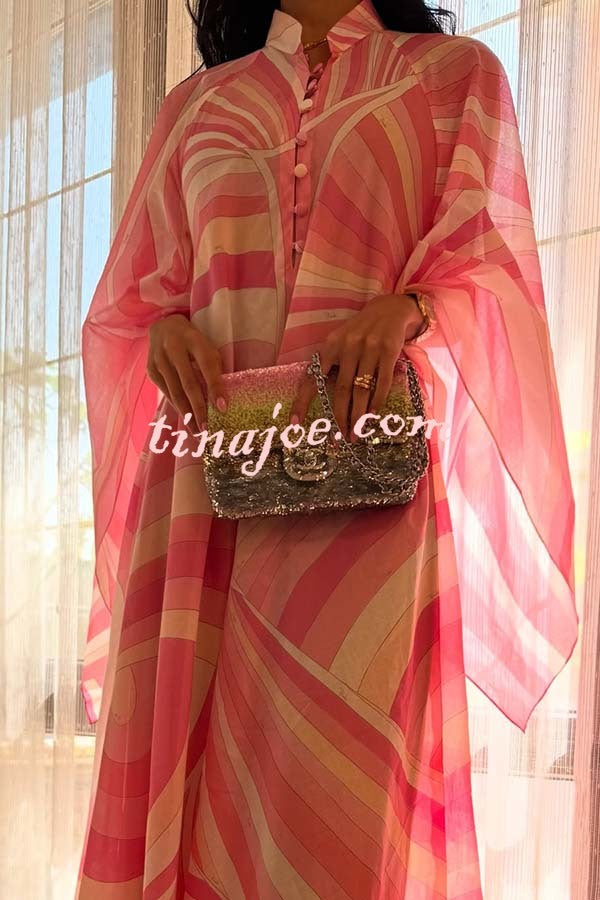 Jodie Chiffon Unique Print Stand Neck Buttons Butterfly Sleeves Kaftan Maxi Dress