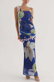 Drama Elegance Mesh Floral One Shoulder Ruched Stretch Maxi Dress