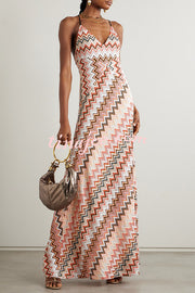 Colorful Zigzag Pattern Elegant Sling Backless Maxi Dress
