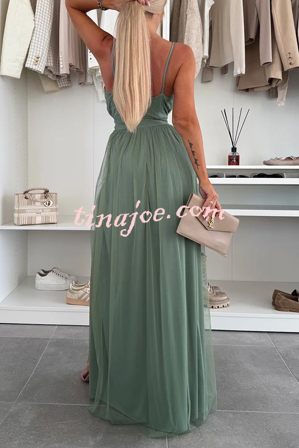 Solid Color Tulle Halter Back High Slit Maxi Dress