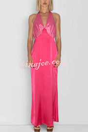 Like A Gem Satin Colorblock Halter Backless Party Maxi Dress