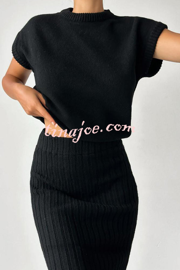 Triko Knit Short Sleeve Sweater and Stretch Ribbed Midi Skirt Set