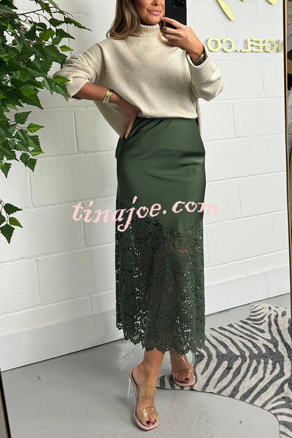 It's Your Night Solid Satin Lace Hem Midi Skirt