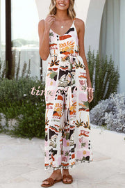 Unique Beach Vacation Print V-neck Suspenders Casual Wide-leg Jumpsuit