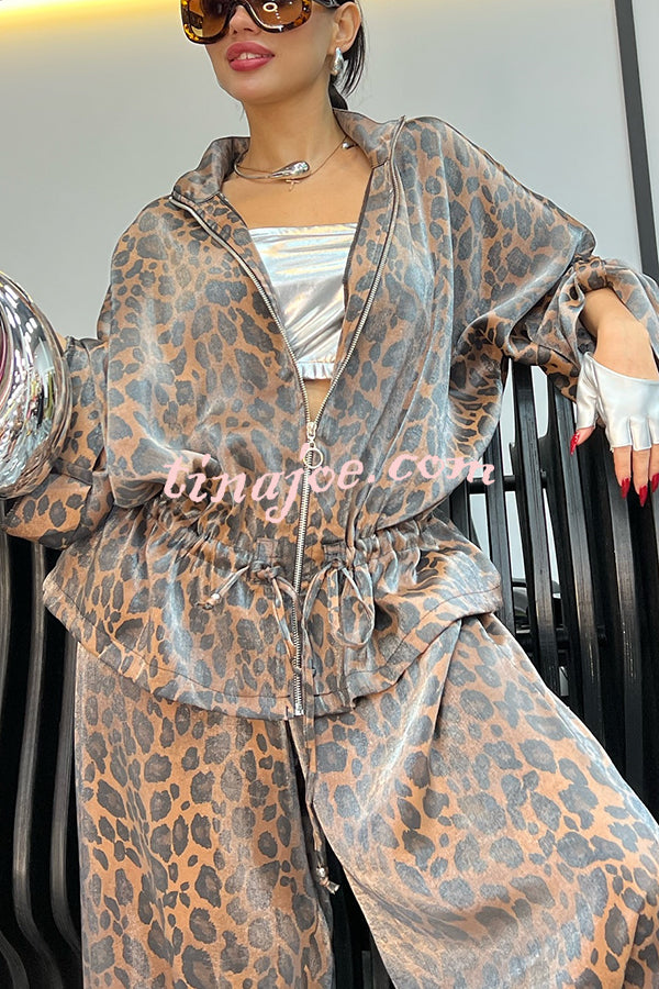 Leopard Print Drawstring Waist Zipper Jacket and Elastic Waist Pocket Loose Pants Set