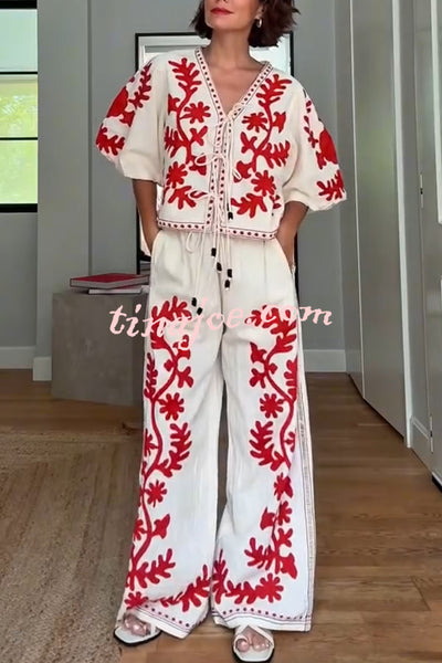Till Sunset Linen Blend Unique Print Elastic Waist Pocket Wide Leg Pants