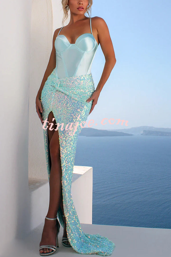 All about Glam Satin Corset Sequin Twist High Leg Split Maxi Dress