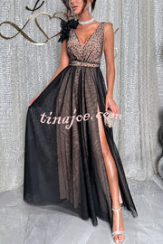 Everlasting Party Sequin Tulle Ruffles Shoulder Design Slit Maxi Dress