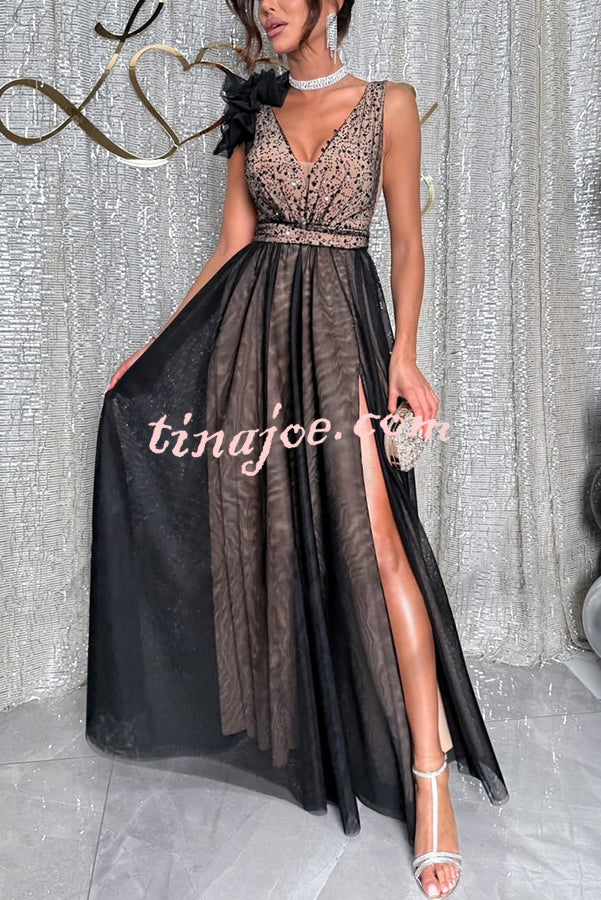 Everlasting Party Sequin Tulle Ruffles Shoulder Design Slit Maxi Dress