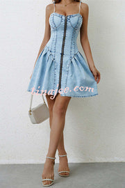 Fashionable Patchwork Suspender Zipper Slim Denim Mini Dress