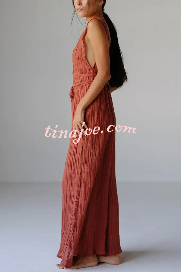 Resort Style V-neck Tie Pleated Casual Jumpsuit