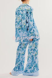 Unique Printed Lounge Long-sleeved Shirt and Elastic Waisted Baggy Pants Set