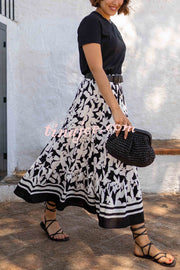 Resort Style Botanical Print Elastic Waist Loose Stitching Midi Skirt