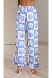 Ocean Legend Satin Shell Print Button Up Shirt and Elastic Waist Pants Set