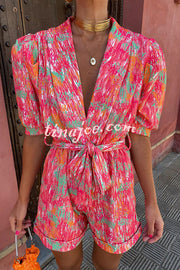 Joyful Smiles Printed Puff Sleeve Lapel Belted Romper